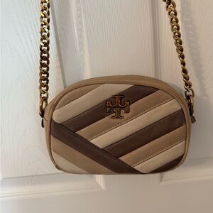 Tory Burch Beige and Brown Striped Crossbody Bag